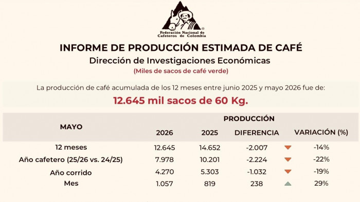 La producción cafetera cayó 19 % en lo corrido de 2026 y llegó a 4,2 millones de sacos La producción cafetera cayó 19 % en lo corrido de 2026 y llegó a 4,2 millones de sacos