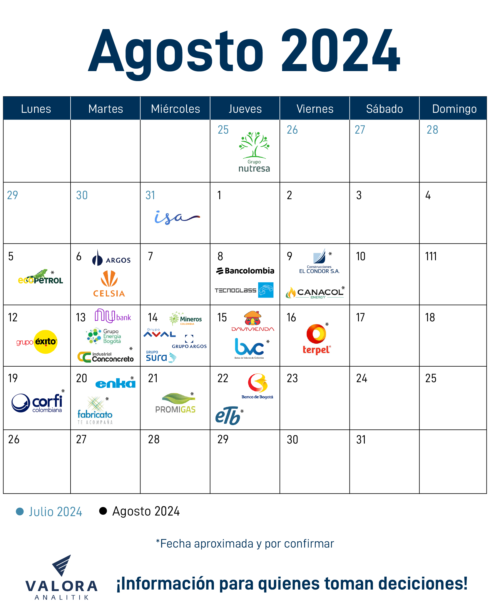 Calendario resultados empresariales Colombia segundo trimestre 2024