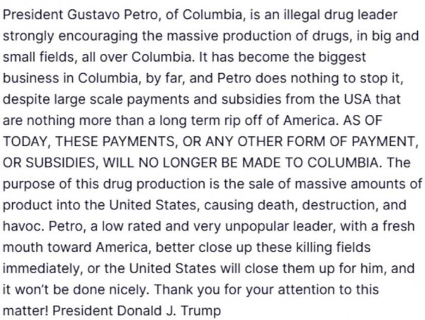 Ataque de Trump a Petro en Truth Social