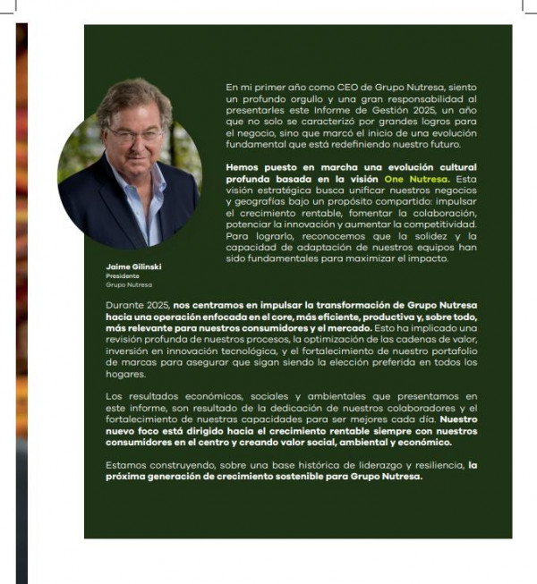 La carta de Gilinski en la que destaca evolución en One Nutresa y “un punto de partida de transformación más profunda” Carta Gilinski One Nutresa