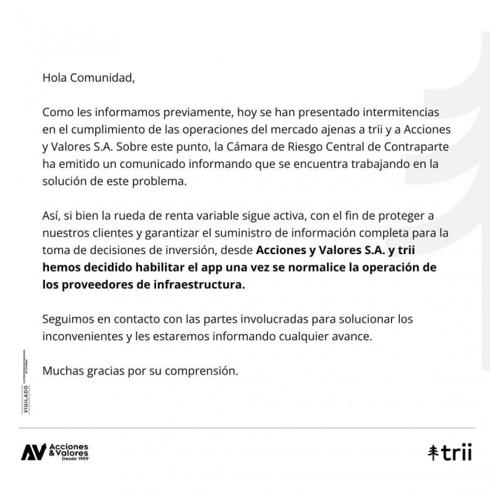 Comunicado Acciones y Valores y trii sobre intermitencia en la Bolsa de Colombia.