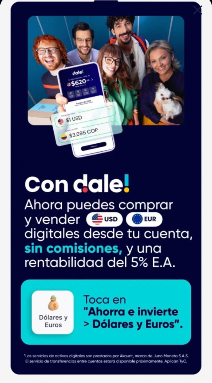 Billetera dale! (Grupo Aval) lanza compra-venta de dólares y euros digitales con rentabilidad; habilitará remesas Billetera digital dale del grupo Aval anuncia compra-venta de dólares y envío de remesas