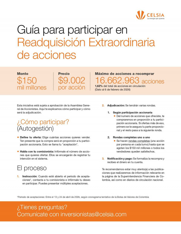 Asamblea Celsia: datos claves y guía para la recompra extraordinaria de acciones hasta por $150.000 millones Guía recompra acciones Celsia