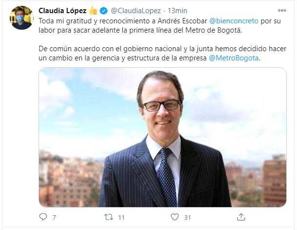 Tweet Claudia Lopez sobre Andres Escobar
