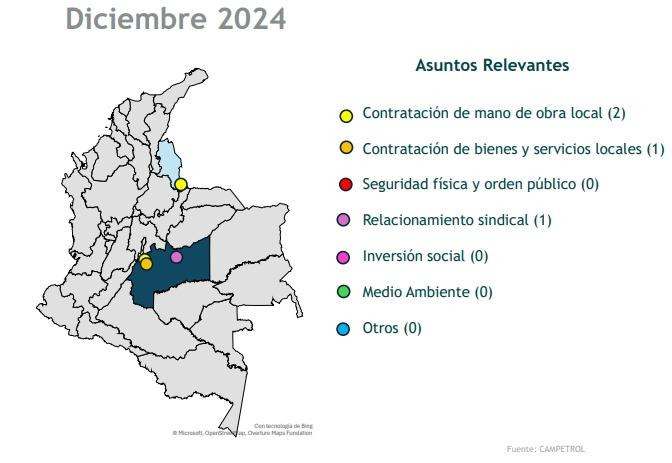 Mapa de riesgos para producción de petróleo y gas en Colombia 2024, datos Campetrol