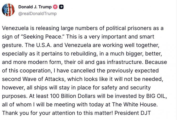 Trump anunci&oacute; inversiones por US$100.000 millones en Venezuela; no habr&aacute; segunda ola de ataques