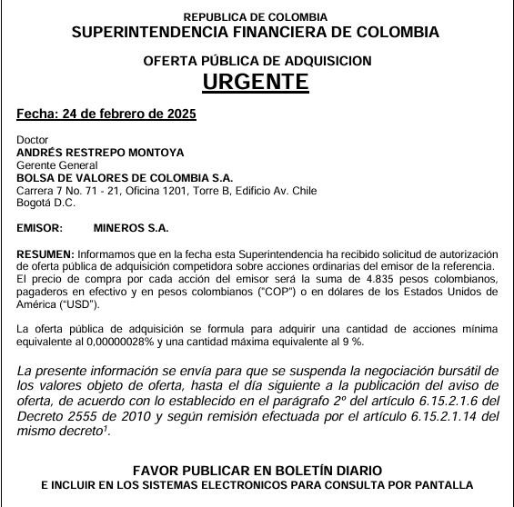 Nueva OPA por acciones de Mineros en Bolsa de Colombia obliga a suspender las acciones