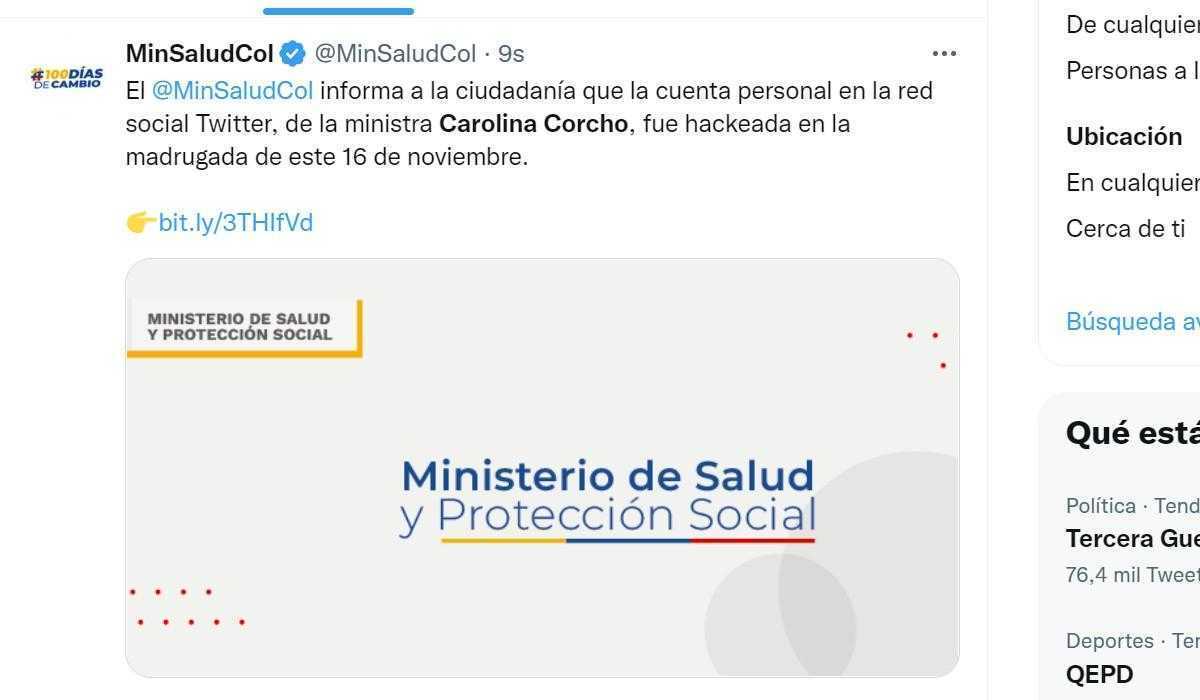 Cuenta de Twitter de Carolina Corcho, Minsalud de Colombia, fue hackeada