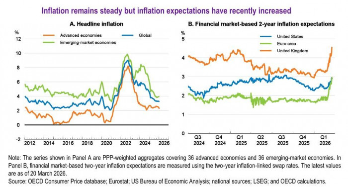 OCDE advierte riesgos de inflación y desaceleración económica en el mundo por conflicto en Medio Oriente OCDE: proyecciones inflación