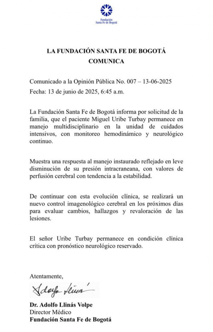 Fundación Santa Fe reporta leve mejoría en presión intracraneana de Miguel Uribe Turbay