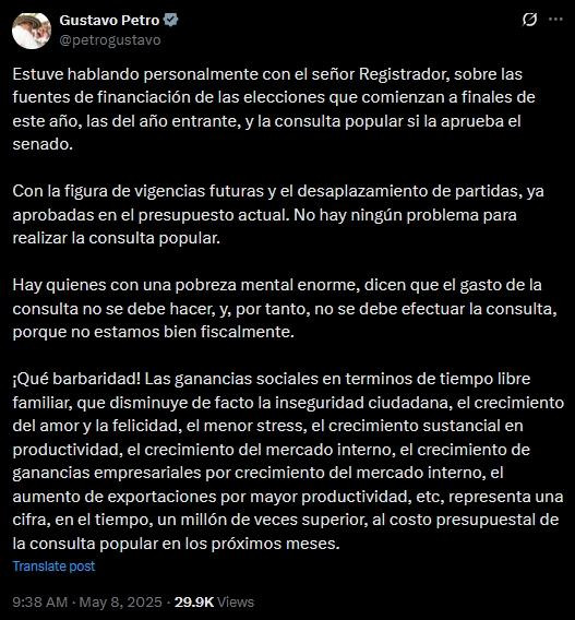 Petro dice que recursos de consulta popular saldrán de vigencias futuras