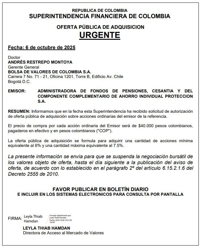 Lanzan OPA por Protección en Bolsa de Colombia: se suspenden las acciones
