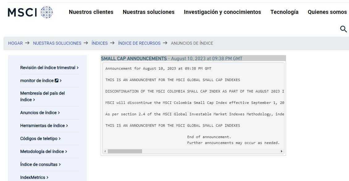 MSCI eliminó el fondo Colombia Small CAP, ¿desde cuándo aplica?