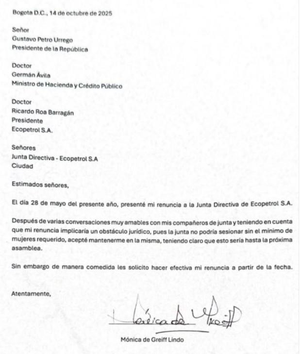 Ahora | Mónica de Greiff, presidente de la Junta Directiva de Ecopetrol, formalizó su renuncia Mónica de Greiff, presidente de la Junta Directiva de Ecopetrol, formalizó su renuncia