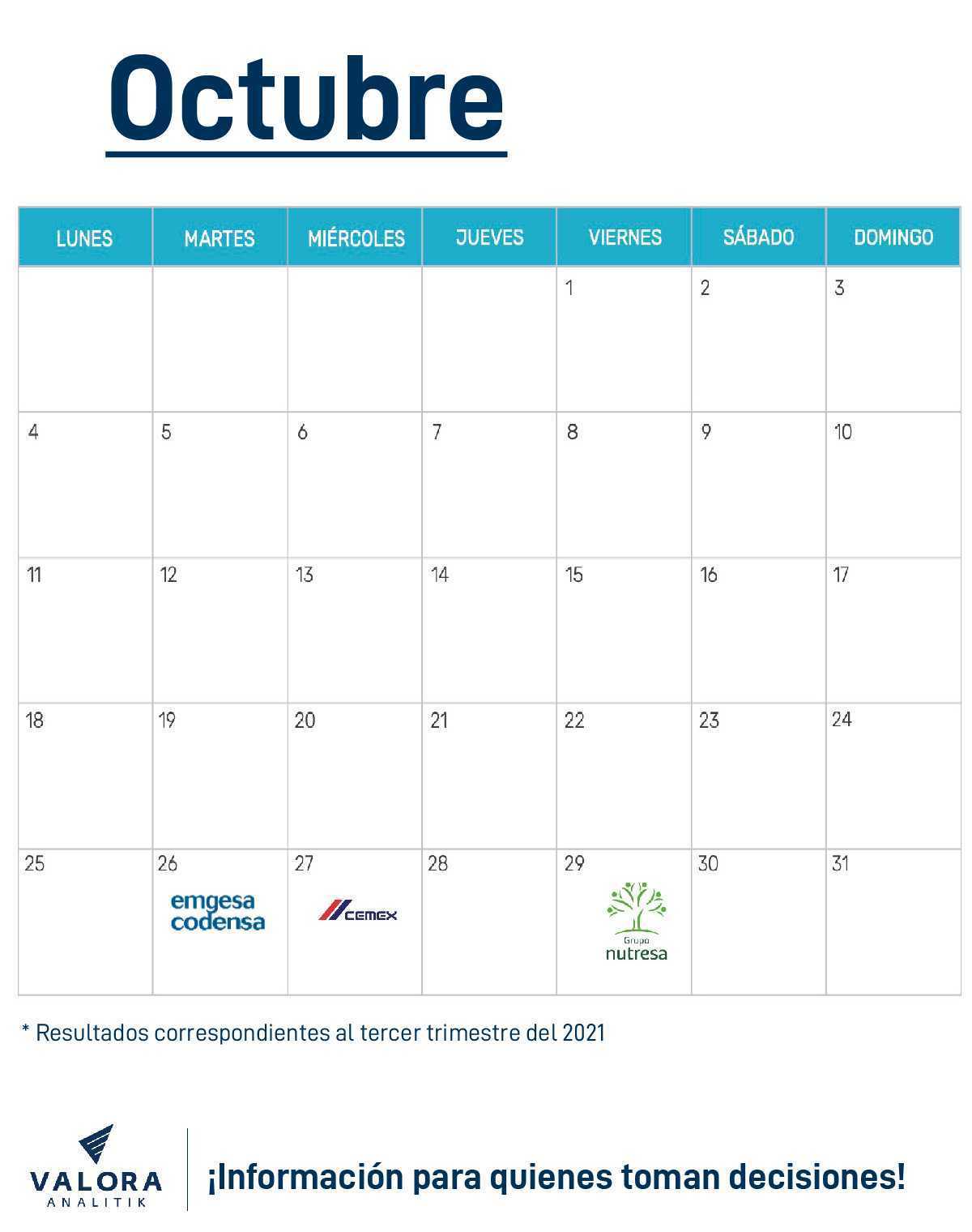 calendario 2021 acciones empresariales resultados octubre