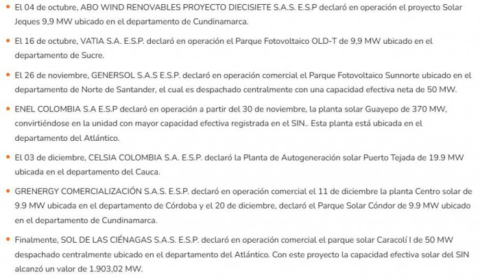 ¿Cuántos proyectos de transmisión y generación de energía en Colombia entraron en 2024?